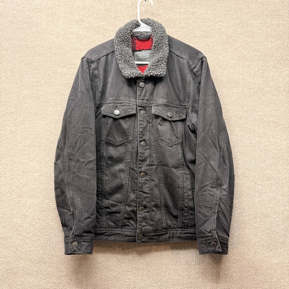 Abercrombie & Fitch Mens Sherpa Lined Denim Trucker Jacket Black Plaid Large